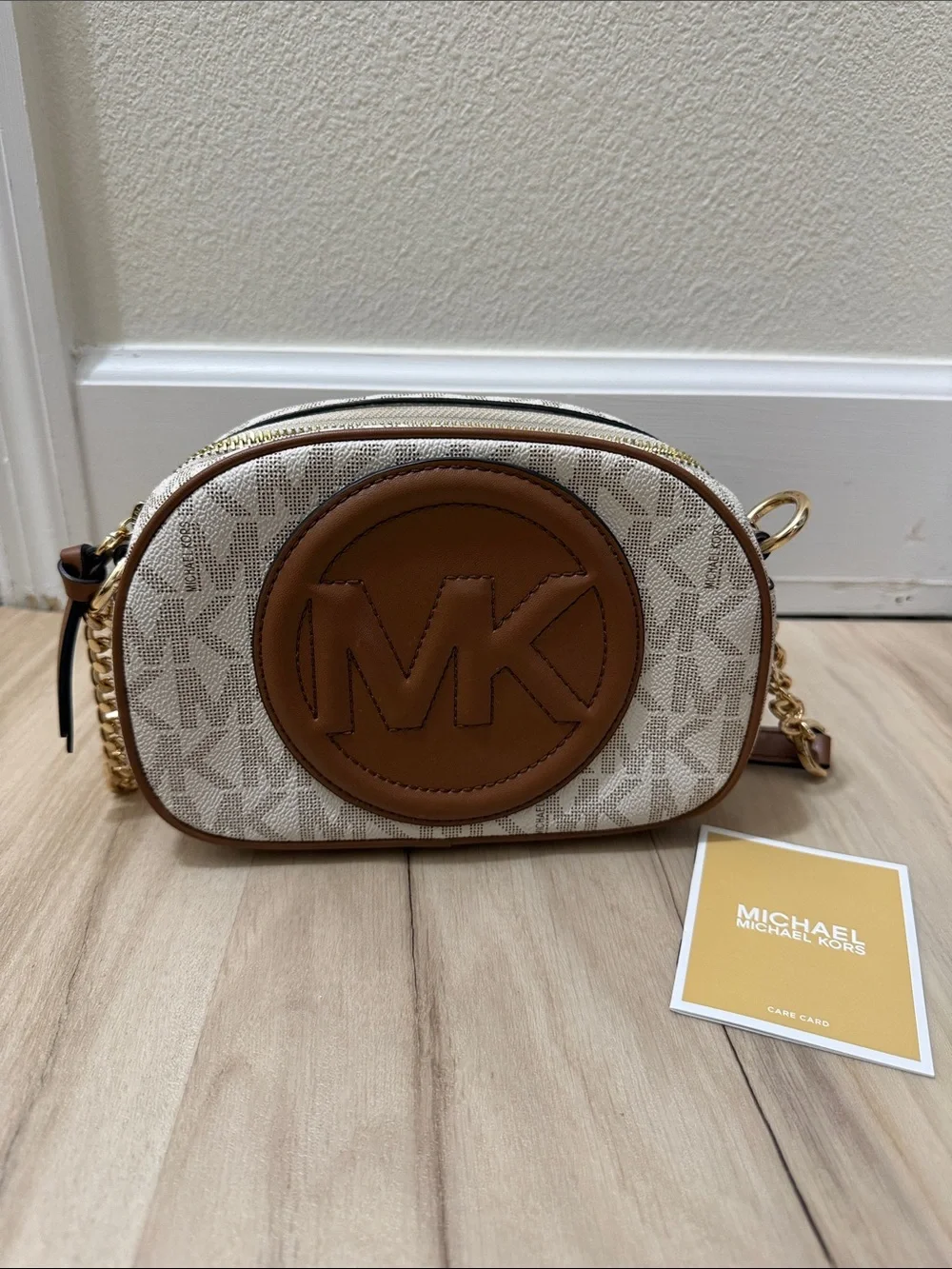 Michael Kors Cream Logo Crossbody with Brown Leather Patch
